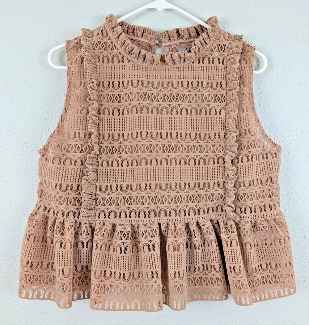 Vylette sz L sleeveless Blouse velvet lace sheer peplum cropped Top tank 0185